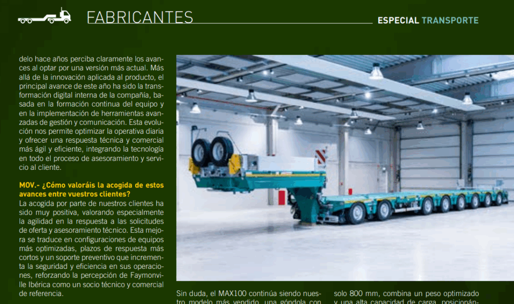 Descubre la entrevista de Faymonville Ibérica en Movicarga. Analizamos el éxito de MAXTrailer en 2025, el nuevo servicio técnico y el lanzamiento de la góndola modular MAX810 para el transporte especial en España.